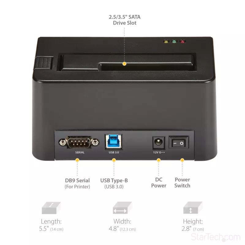 StarTech.com Jednokieszeniowa kasowarka do dysków twardych, samodzielny dezynfektor HDD/SSD, USB 3.0 do SATA II (3 Gb/s), 9 trybów kasowania, wyświetlacz LCD, stacja dokująca do bezpiecznego kasowania dysków twardych, port drukarki DB-9, zgodność z TAA
