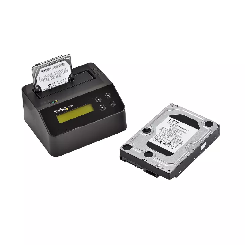 StarTech.com Jednokieszeniowa kasowarka do dysków twardych, samodzielny dezynfektor HDD/SSD, USB 3.0 do SATA II (3 Gb/s), 9 trybów kasowania, wyświetlacz LCD, stacja dokująca do bezpiecznego kasowania dysków twardych, port drukarki DB-9, zgodność z TAA