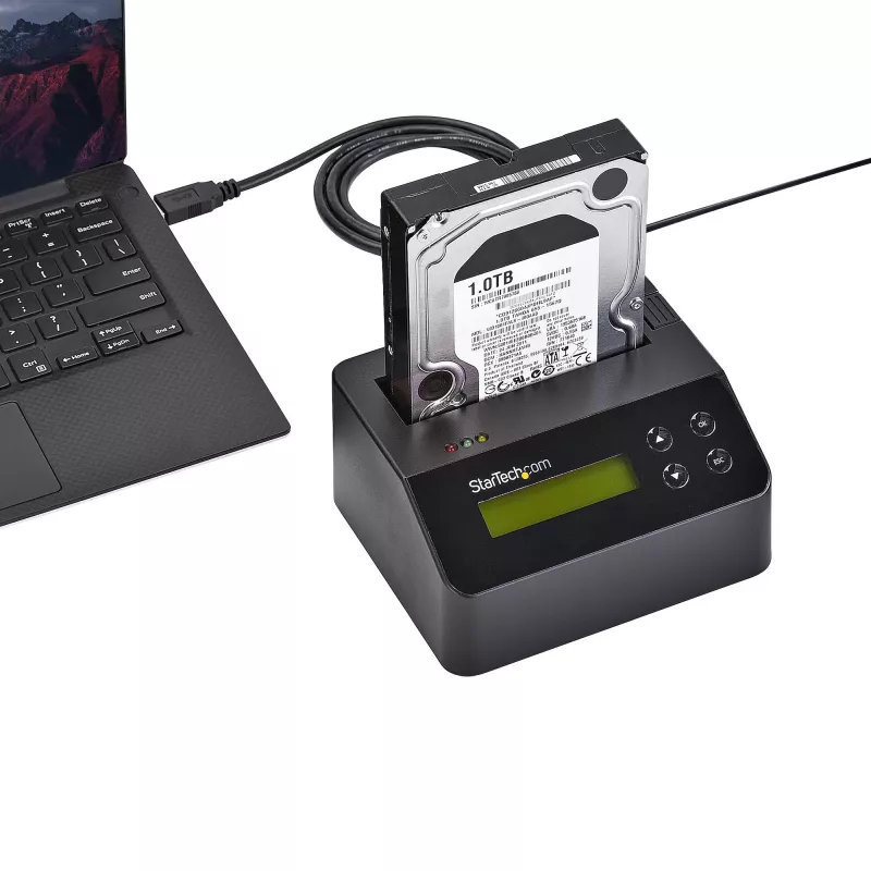 StarTech.com Jednokieszeniowa kasowarka do dysków twardych, samodzielny dezynfektor HDD/SSD, USB 3.0 do SATA II (3 Gb/s), 9 trybów kasowania, wyświetlacz LCD, stacja dokująca do bezpiecznego kasowania dysków twardych, port drukarki DB-9, zgodność z TAA