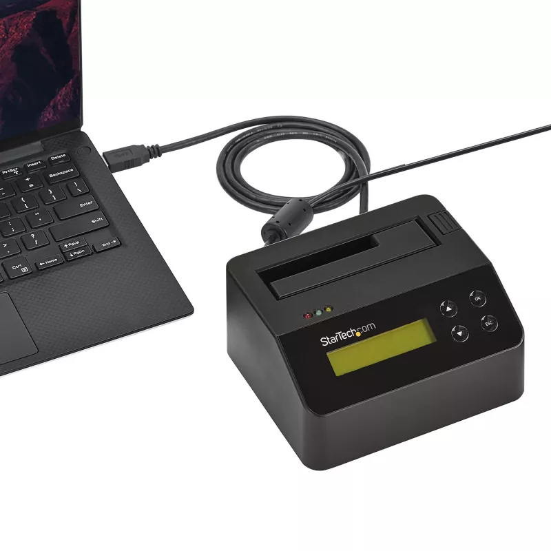 StarTech.com Jednokieszeniowa kasowarka do dysków twardych, samodzielny dezynfektor HDD/SSD, USB 3.0 do SATA II (3 Gb/s), 9 trybów kasowania, wyświetlacz LCD, stacja dokująca do bezpiecznego kasowania dysków twardych, port drukarki DB-9, zgodność z TAA