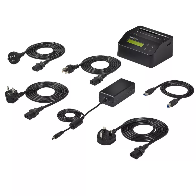 StarTech.com Jednokieszeniowa kasowarka do dysków twardych, samodzielny dezynfektor HDD/SSD, USB 3.0 do SATA II (3 Gb/s), 9 trybów kasowania, wyświetlacz LCD, stacja dokująca do bezpiecznego kasowania dysków twardych, port drukarki DB-9, zgodność z TAA
