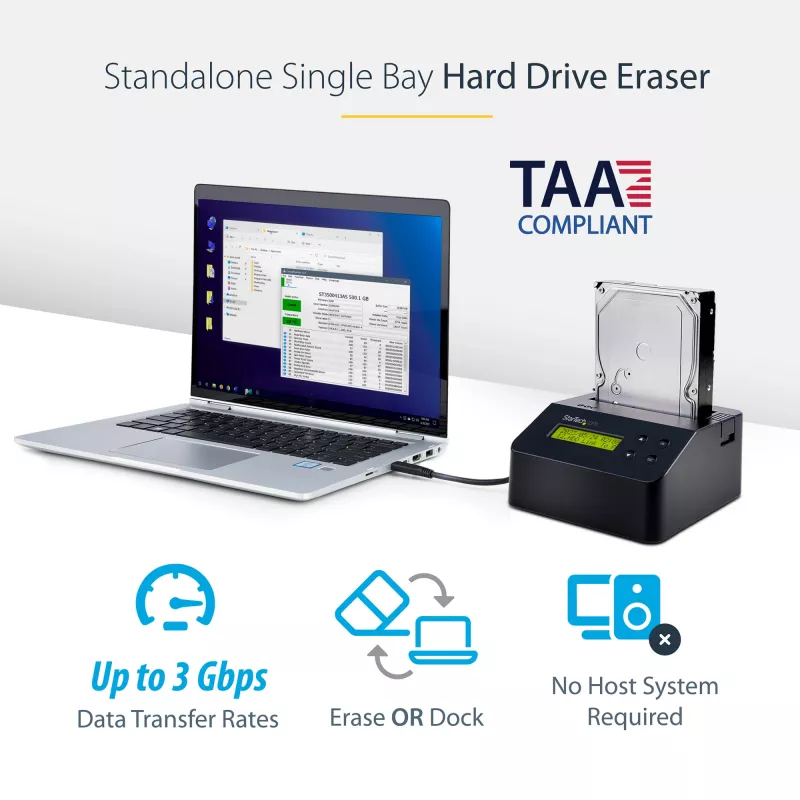 StarTech.com Jednokieszeniowa kasowarka do dysków twardych, samodzielny dezynfektor HDD/SSD, USB 3.0 do SATA II (3 Gb/s), 9 trybów kasowania, wyświetlacz LCD, stacja dokująca do bezpiecznego kasowania dysków twardych, port drukarki DB-9, zgodność z TAA