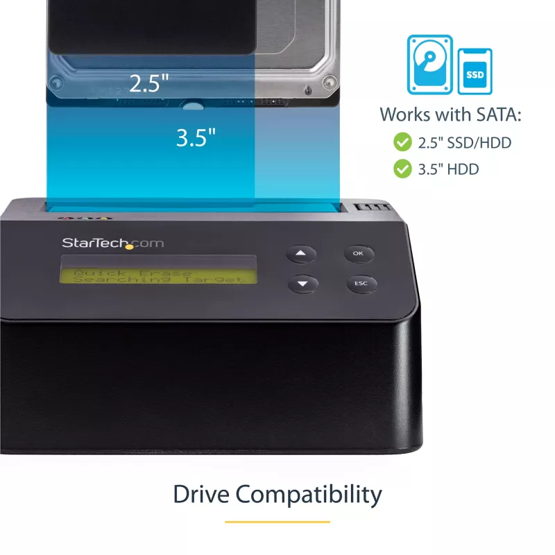 StarTech.com Jednokieszeniowa kasowarka do dysków twardych, samodzielny dezynfektor HDD/SSD, USB 3.0 do SATA II (3 Gb/s), 9 trybów kasowania, wyświetlacz LCD, stacja dokująca do bezpiecznego kasowania dysków twardych, port drukarki DB-9, zgodność z TAA