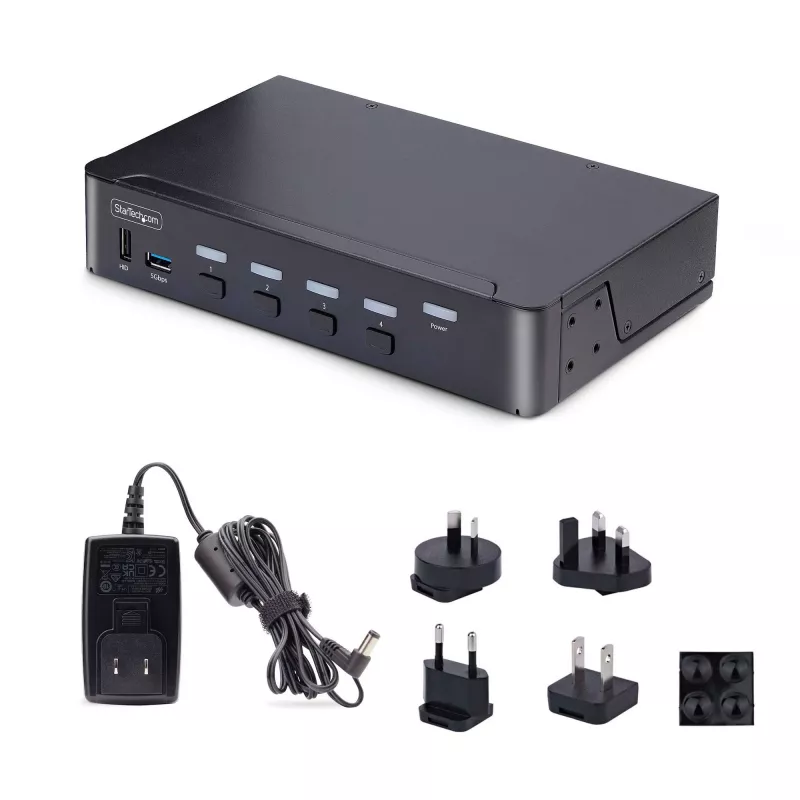 StarTech.com 4-portowy przełącznik KVM DisplayPort, 8K 60 Hz / 4K 144 Hz, pojedynczy wyświetlacz, DP 1.4, 2 porty USB 3.0, 4 porty USB 2.0 HID, przełączanie przyciskami i skrótami klawiszowymi, zgodność z TAA – niezależny od systemu operacyjnego, metalowa obudowa