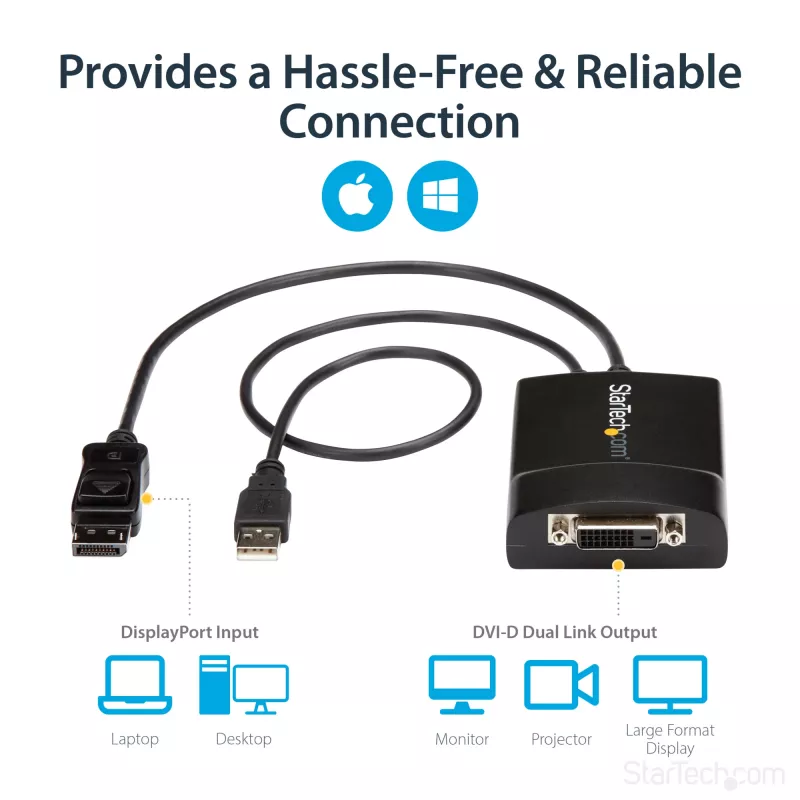 StarTech.com DisplayPort na DVI Dual Link aktywny adapter - DisplayPort na DVI-D adapter konwerter wideo 2560x1600 60 Hz - DP 1.2 na DVI monitor - zasilany przez USB - zatrzaskowe złącze DP
