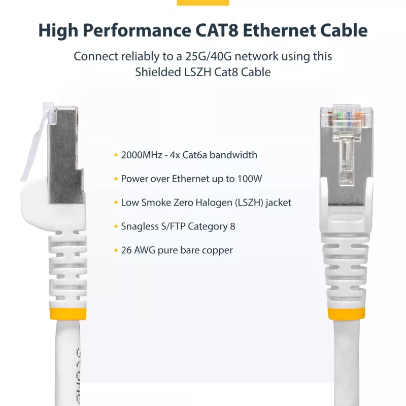 StarTech.com 2m biały kabel Ethernet CAT8, bezzaczepowy RJ45, 25G/40G, 2000 MHz, 100 W PoE++, S/FTP, 26AWG czysta miedź, LSZH, ekranowany kabel krosowy sieciowy z odciążeniami, testowany indywidualnie