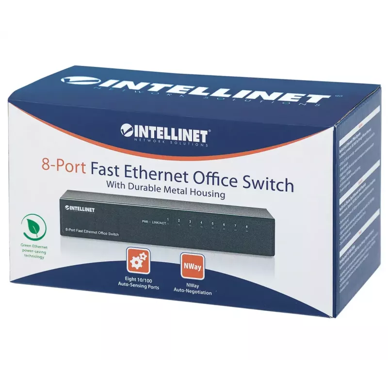 Intellinet 8-Portowy Przełącznik Fast Ethernet do Biura, Rozmiar Biurkowy, Metalowa Obudowa, IEEE 802.3az (Efektywny energetycznie Ethernet)