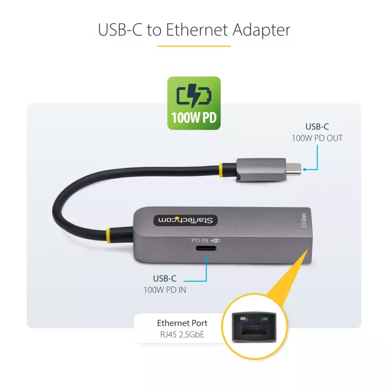 StarTech.com 2.5GbE USB-C do Ethernet Adapter, 100W PD Pass-Through, NBASE-T NIC, USB 3.0 Typ-C 2.5/1G Multi Speed sieciowy, Thunderbolt Kompatybilny, Windows & Mac