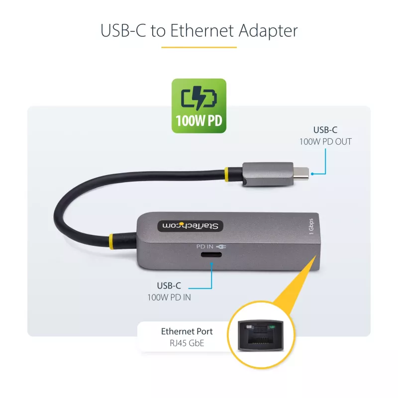 StarTech.com Adapter USB-C na Ethernet, NIC, 100W PD Pass-Through, USB 3.0 Type-C 1Gb/s wieloprędkościowy adapter sieciowy, kompatybilny z Thunderbolt, Windows i Mac