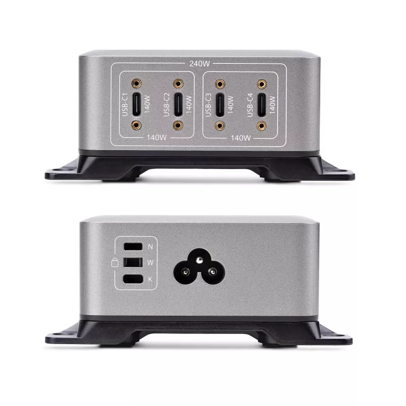 StarTech.com 4-portowa ładowarka USB-C do wielu urządzeń, łączna moc 240 W, pojedynczy port 140 W EPR, PD 3.1, porty z zabezpieczeniem śrubowym, sale konferencyjne, w zestawie uchwyt do montażu na powierzchni