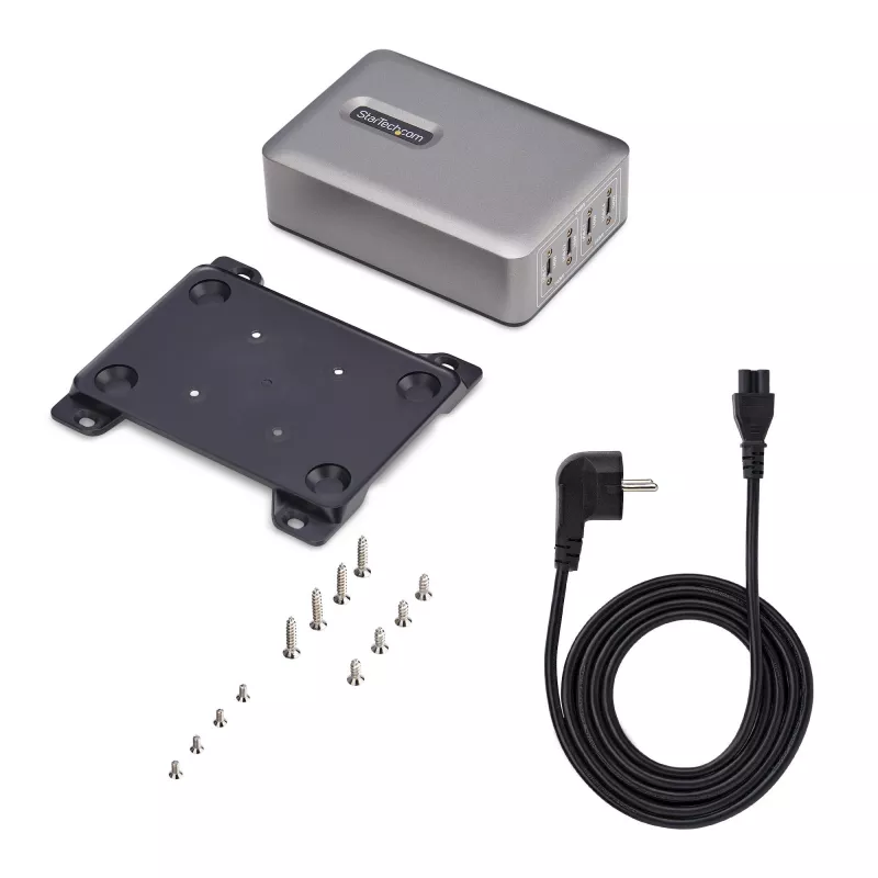StarTech.com 4-portowa ładowarka USB-C do wielu urządzeń, łączna moc 240 W, pojedynczy port 140 W EPR, PD 3.1, porty z zabezpieczeniem śrubowym, sale konferencyjne, w zestawie uchwyt do montażu na powierzchni