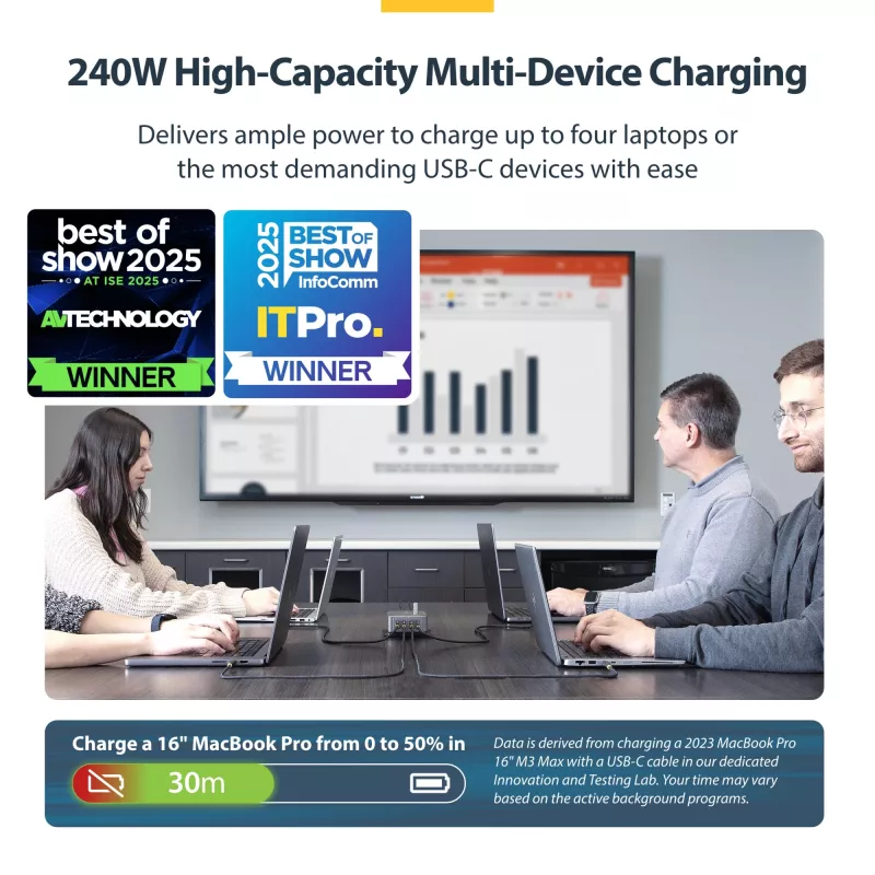 StarTech.com 4-portowa ładowarka USB-C do wielu urządzeń, łączna moc 240 W, pojedynczy port 140 W EPR, PD 3.1, porty z zabezpieczeniem śrubowym, sale konferencyjne, w zestawie uchwyt do montażu na powierzchni