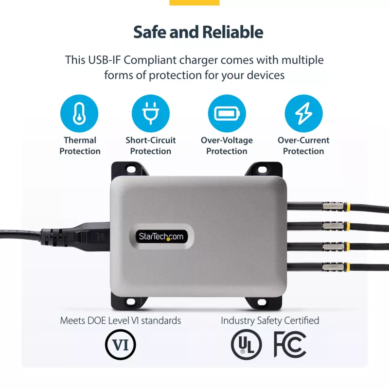 StarTech.com 4-portowa ładowarka USB-C do wielu urządzeń, łączna moc 240 W, pojedynczy port 140 W EPR, PD 3.1, porty z zabezpieczeniem śrubowym, sale konferencyjne, w zestawie uchwyt do montażu na powierzchni