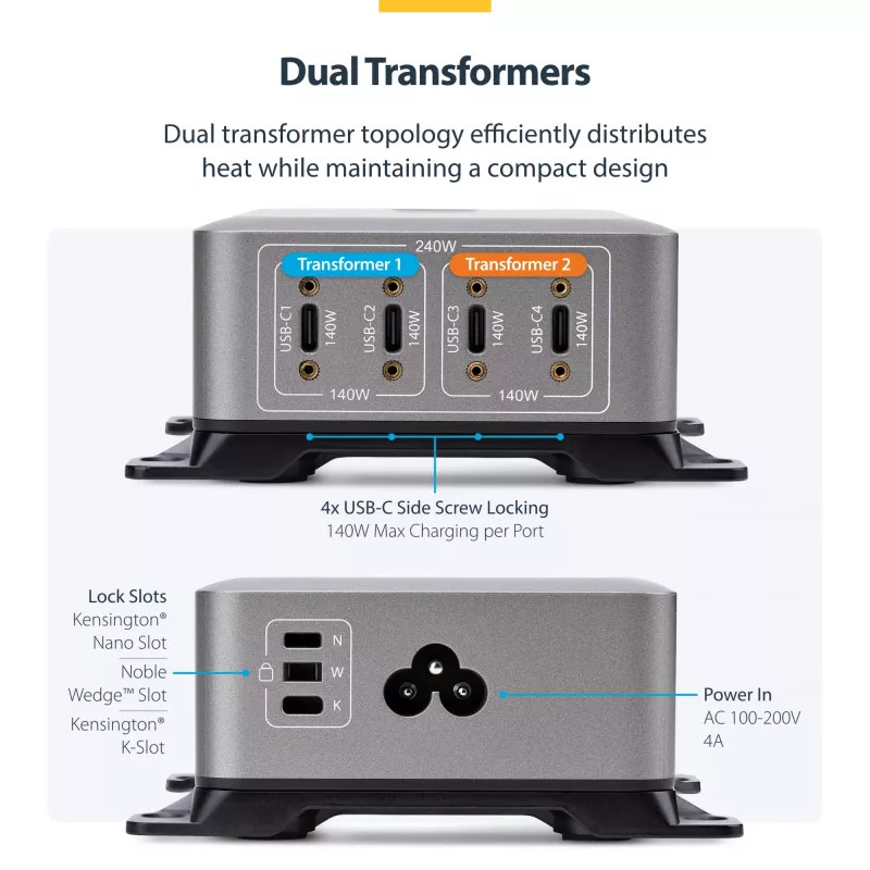 StarTech.com 4-portowa ładowarka USB-C do wielu urządzeń, łączna moc 240 W, pojedynczy port 140 W EPR, PD 3.1, porty z zabezpieczeniem śrubowym, sale konferencyjne, w zestawie uchwyt do montażu na powierzchni