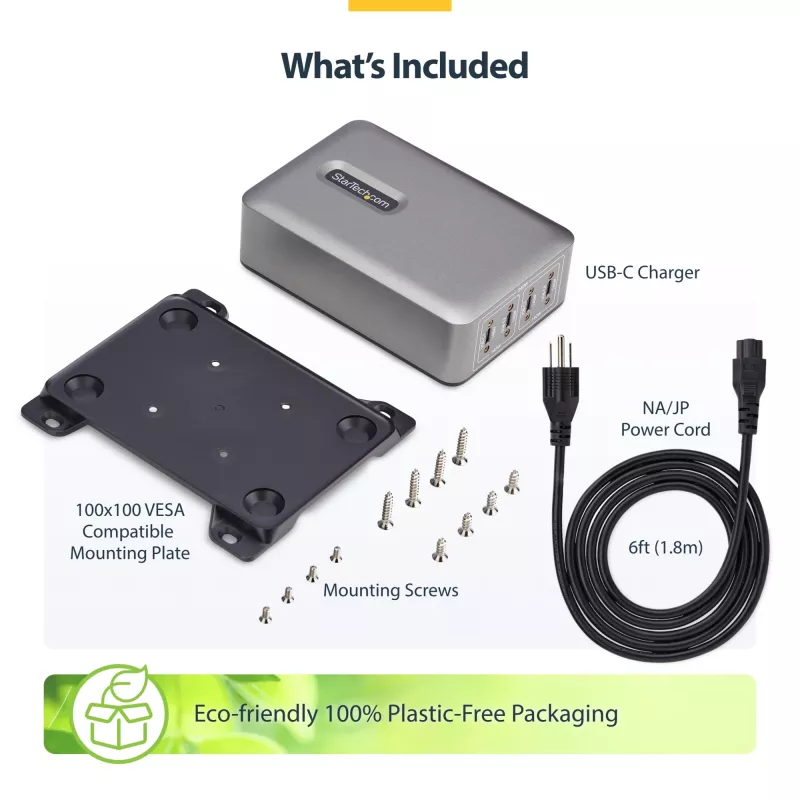 StarTech.com 4-portowa ładowarka USB-C do wielu urządzeń, łączna moc 240 W, pojedynczy port 140 W EPR, PD 3.1, porty z zabezpieczeniem śrubowym, sale konferencyjne, w zestawie uchwyt do montażu na powierzchni