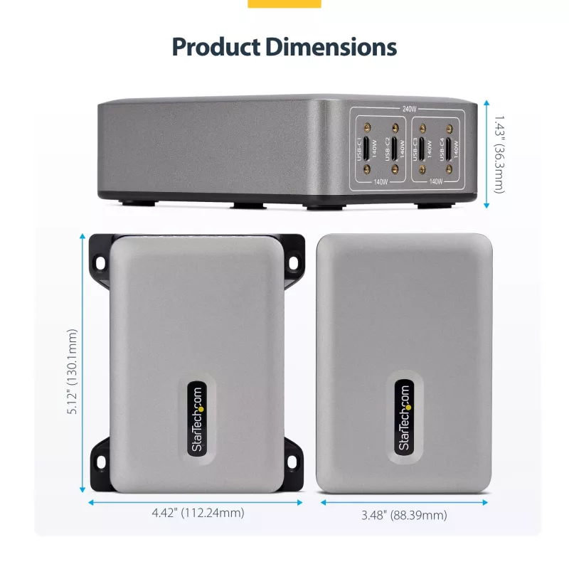 StarTech.com 4-portowa ładowarka USB-C do wielu urządzeń, łączna moc 240 W, pojedynczy port 140 W EPR, PD 3.1, porty z zabezpieczeniem śrubowym, sale konferencyjne, w zestawie uchwyt do montażu na powierzchni