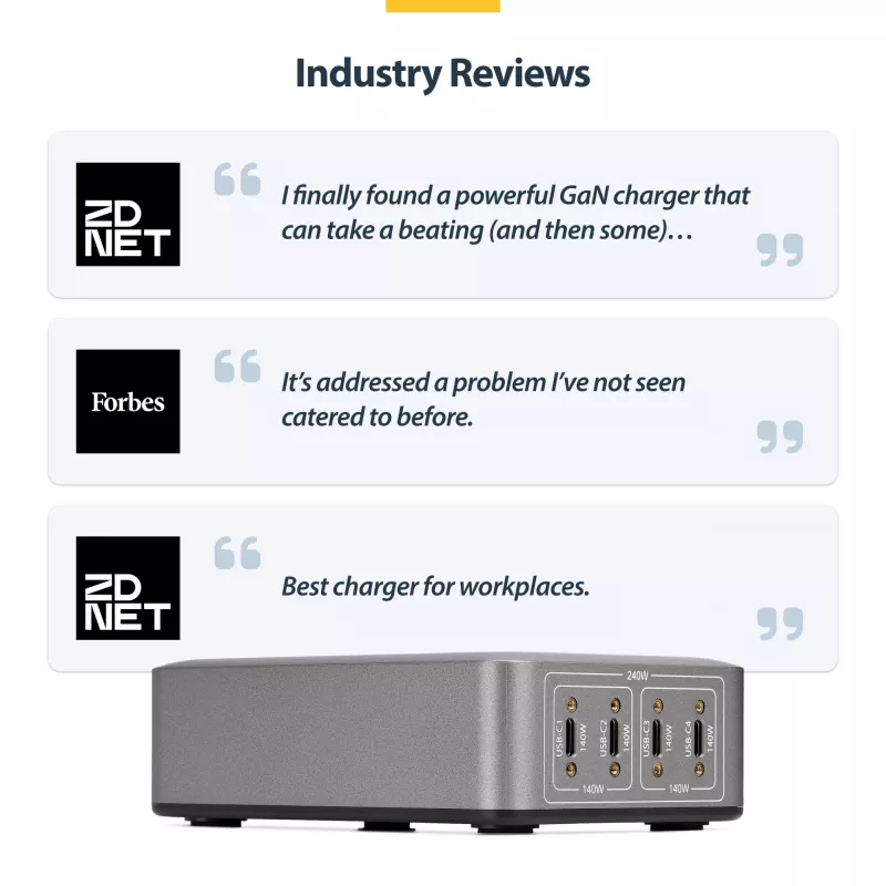 StarTech.com 4-portowa ładowarka USB-C do wielu urządzeń, łączna moc 240 W, pojedynczy port 140 W EPR, PD 3.1, porty z zabezpieczeniem śrubowym, sale konferencyjne, w zestawie uchwyt do montażu na powierzchni