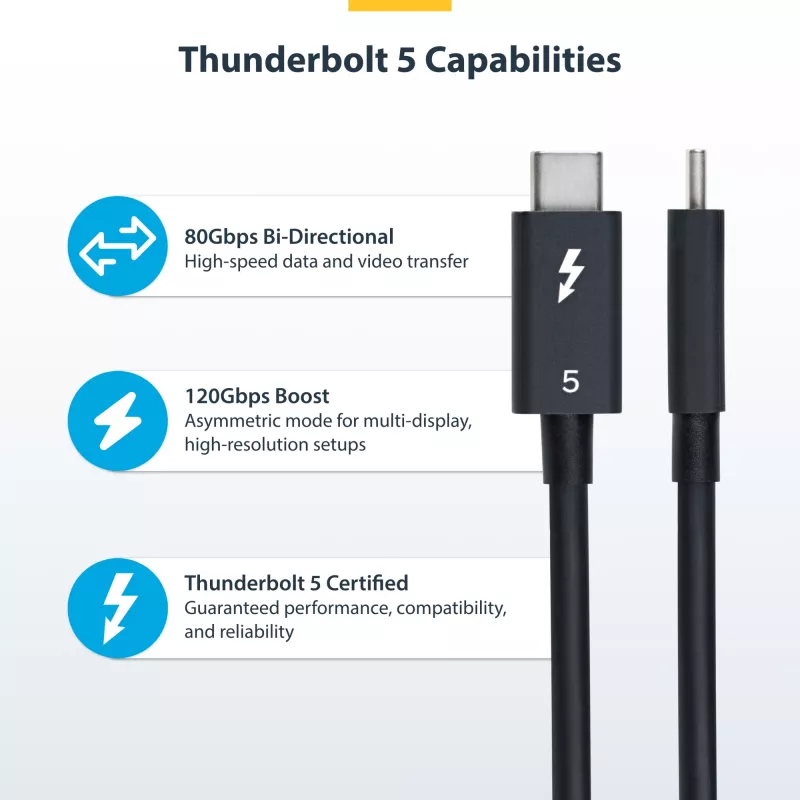 StarTech.com 2.6ft (80cm) Kabel Thunderbolt 5, 80Gbps/Do 120Gbps, 240W PD, 8K 60Hz, Certyfikowany kabel Thunderbolt - Kompatybilny z Thunderbolt 4/USB4/USB-C