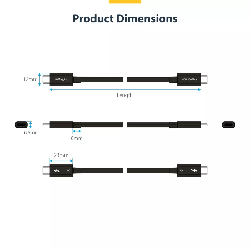 StarTech.com 2.6ft (80cm) Kabel Thunderbolt 5, 80Gbps/Do 120Gbps, 240W PD, 8K 60Hz, Certyfikowany kabel Thunderbolt - Kompatybilny z Thunderbolt 4/USB4/USB-C
