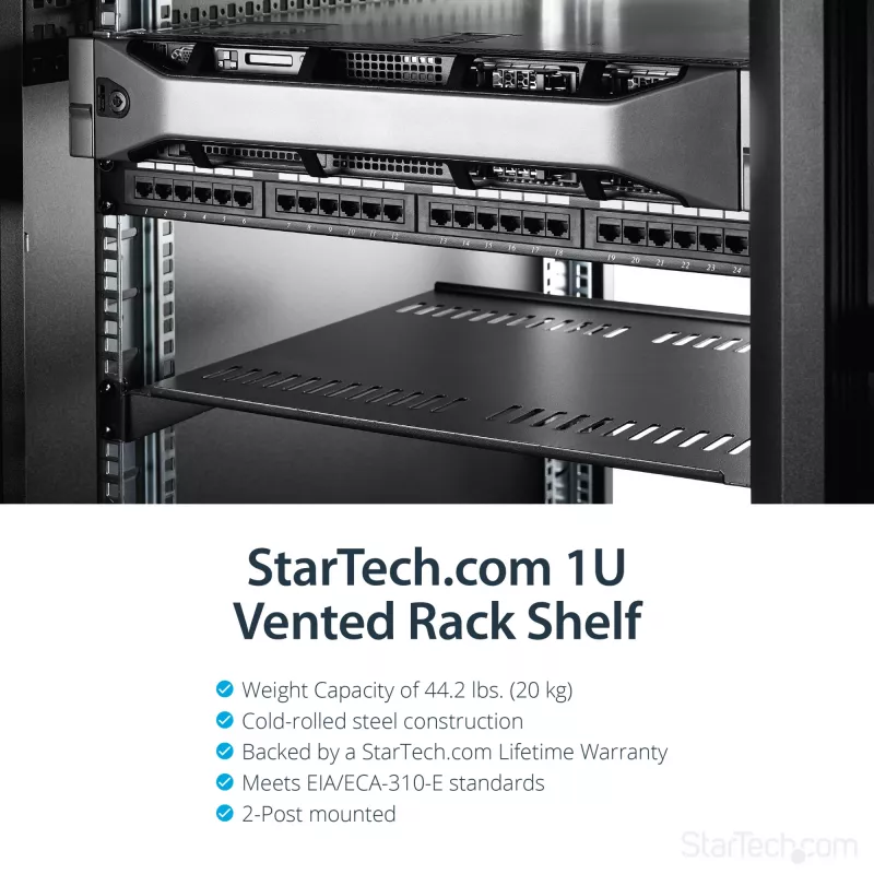 StarTech.com 1U Server Rack Shelf - Uniwersalna wentylowana półka wspornikowa do montażu w szafie rack 19 cali - Wytrzymała stal – Udźwig 44lb/20kg - Półka o głębokości 16 cali, czarna
