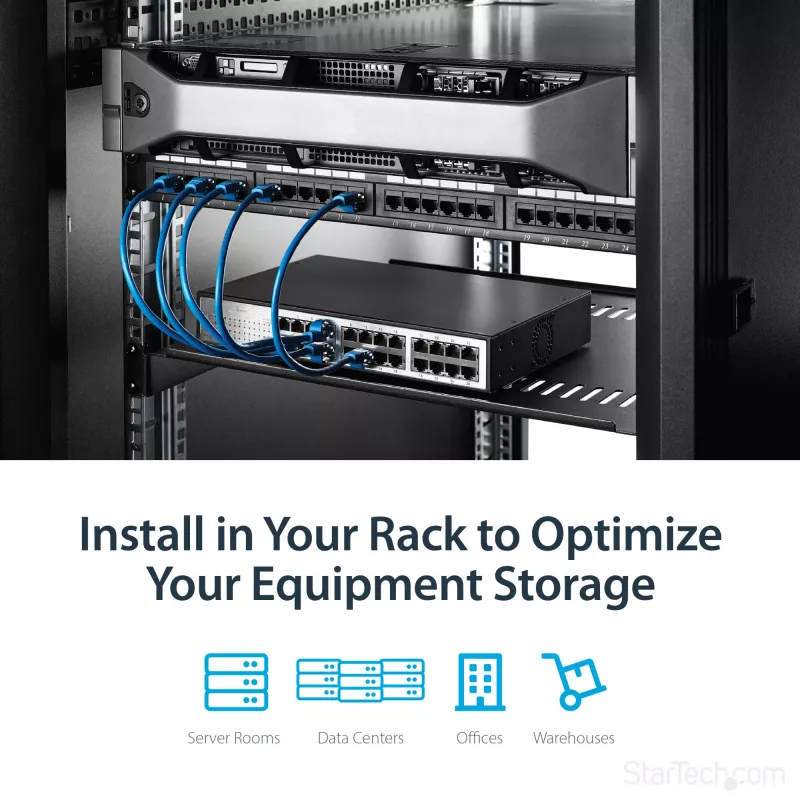 StarTech.com 1U Server Rack Shelf - Uniwersalna wentylowana półka wspornikowa do montażu w szafie rack 19 cali - Wytrzymała stal – Udźwig 44lb/20kg - Półka o głębokości 16 cali, czarna