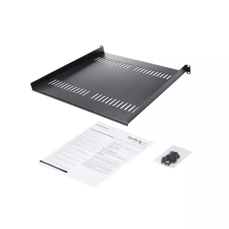 StarTech.com 1U Server Rack Shelf - Uniwersalna wentylowana półka wspornikowa do montażu w szafie rack 19 cali - Wytrzymała stal – Udźwig 44lb/20kg - Półka o głębokości 16 cali, czarna