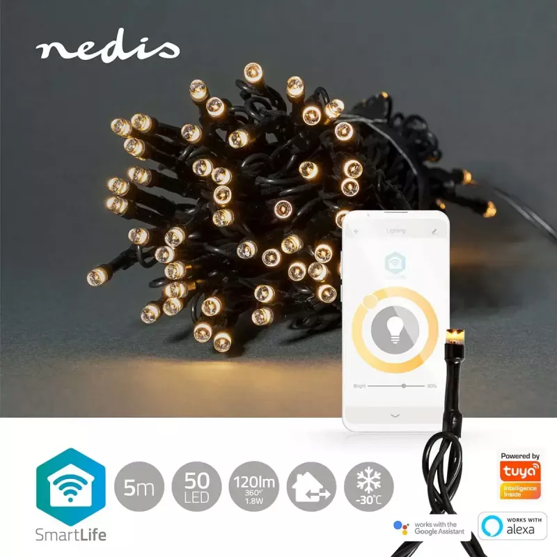 Łańcuch świetlny dekoracyjny Nedis WIFILX01W50 — 50 żarówek LED, 1,81 W, USB, IP65, 5 m przewodu
