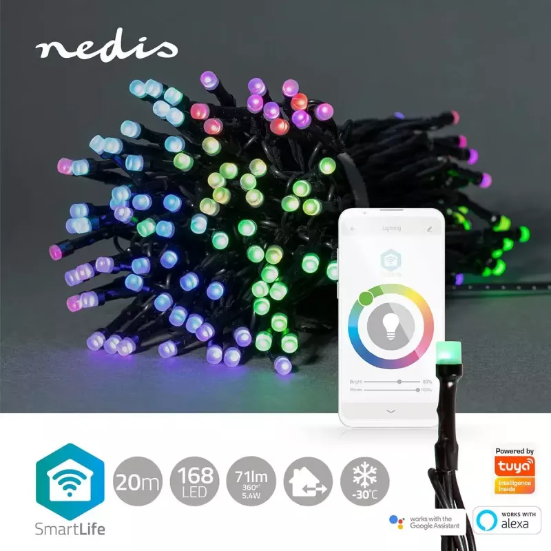 Łańcuch dekoracyjny świetlny Nedis WIFILX01C168 — 168 modułów LED SMD, 5,35 W, 20 m kabla, IP65