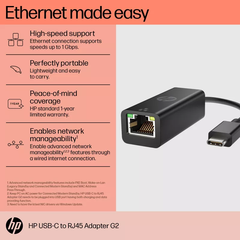 HP USB-C na RJ45 Adapter G2, Przewodowy, USB Type-C, Czarny, Chiny, Dom, Windows 10, Windows 11