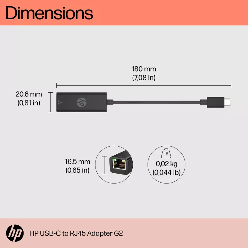 HP USB-C na RJ45 Adapter G2, Przewodowy, USB Type-C, Czarny, Chiny, Dom, Windows 10, Windows 11