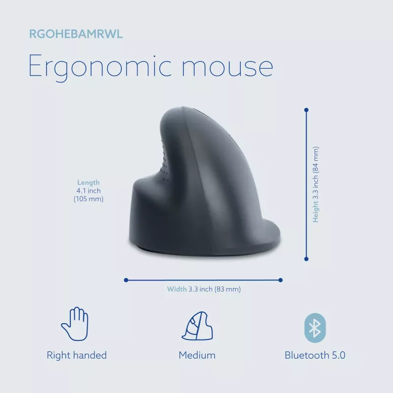 Mysz pionowa R-Go Tools R-Go HE Basic, mysz ergonomiczna, średnia (rozmiar dłoni ≥ 185 mm), praworęczna, Bluetooth, szara