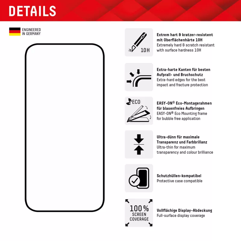 Displex Full Cover Screen Protector (10H) do Apple iPhone 15 Plus/15 Pro Max, Eko Ramka Montażowa, Pełne Pokrycie