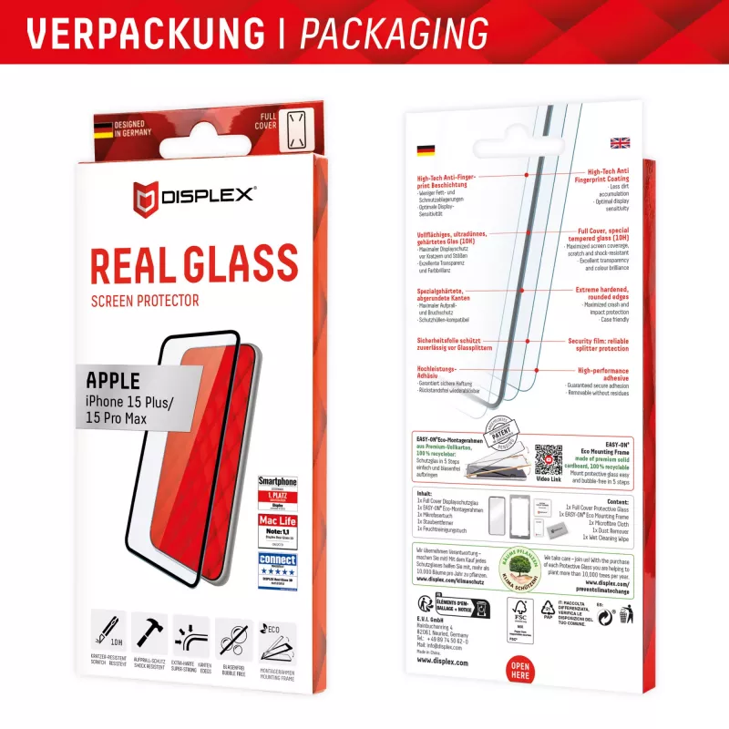 Displex Full Cover Screen Protector (10H) do Apple iPhone 15 Plus/15 Pro Max, Eko Ramka Montażowa, Pełne Pokrycie