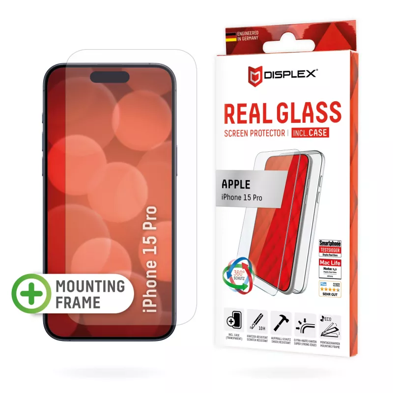 Displex Szkło Ochronne + Etui do Apple iPhone 15 Pro, Eko Ramka Montażowa, odporne na zarysowania