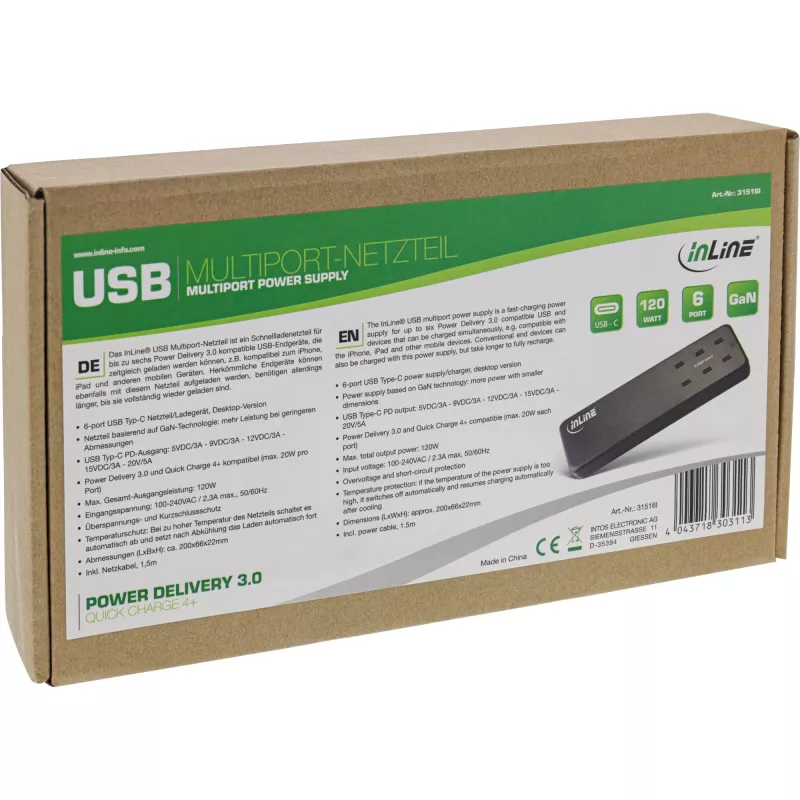 InLine zasilacz wieloportowy, ładowarka, 6x USB-C, PD 3.0, GaN, czarny