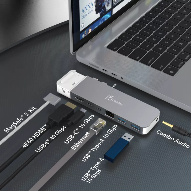USB Hub j5create JCD395 4K60 Elite Pro przewodowy USB4 z zestawem MagSafe