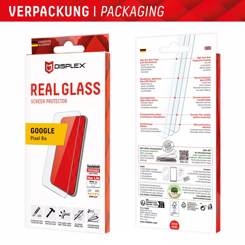 Displex Screen Protector (10H) do Google Pixel 8a, Eco Mounting Frame, odporny na zarysowania