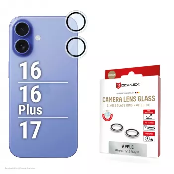 Displex Premium Camera Lens Glass, iPhone 16/16 Plus/17 Glas, 10H, pojedyncze pierścienie, DLC, przezroczysty, Quick Mount