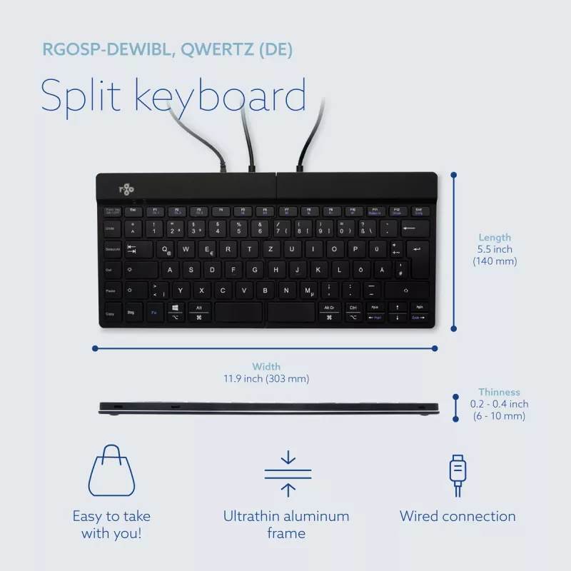 R-Go Tools Ergonomiczna klawiatura R-Go Split Break v2 z oprogramowaniem przypominającym o przerwach, ergonomiczna klawiatura dzielona, QWERTZ (DE), przewodowa, czarna