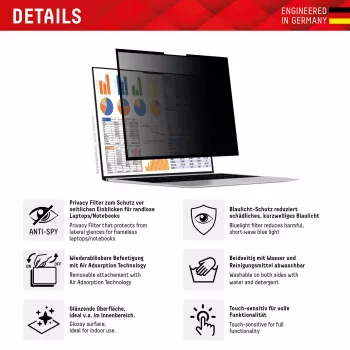 Displex PRIVACY SAFE zdejmowany dwukierunkowy filtr prywatyzujący do laptopa/notebooka (bezramkowy/bez ramki) 15,6'' (16:9)