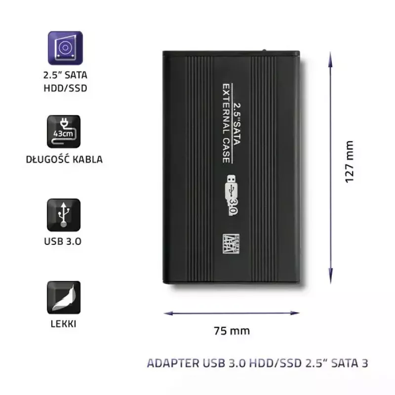 Obudowa HDD/SSD QOLTEC 51861 na dyski 2,5 cala SATA3, USB 3.0, czarna