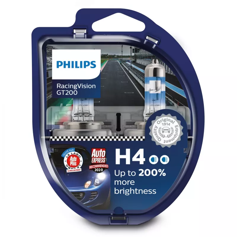 Philips RacingVision GT200 12342RGTS2 Wysoka wydajność, 60 W, 12 V, H4, Halogen, 3600 K, 2 szt.