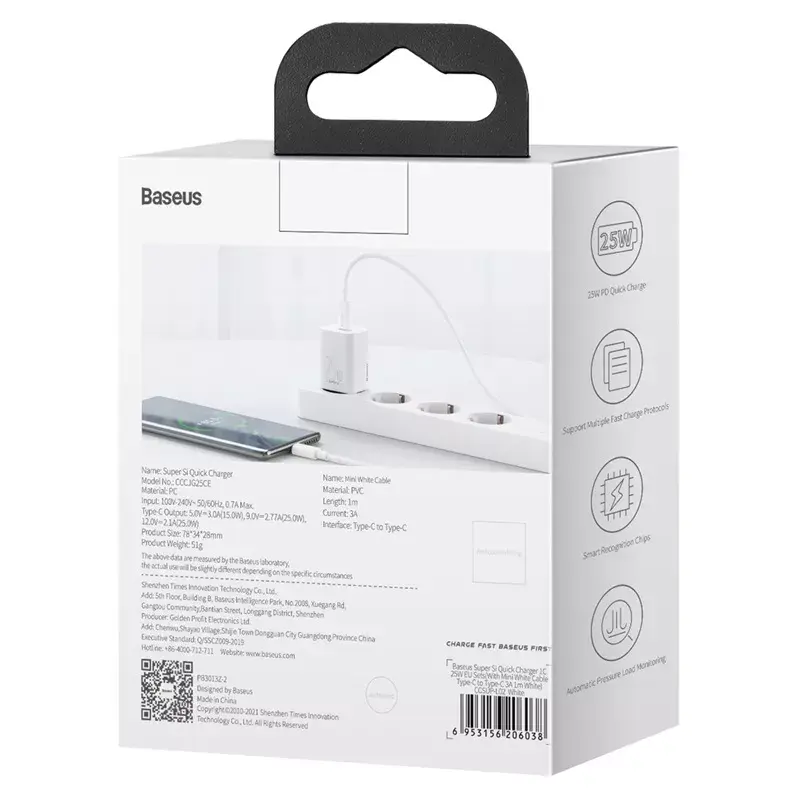 Baseus Super Si Ładowarka sieciowa biała szybkie ładowanie 12V 1xUSB-C
