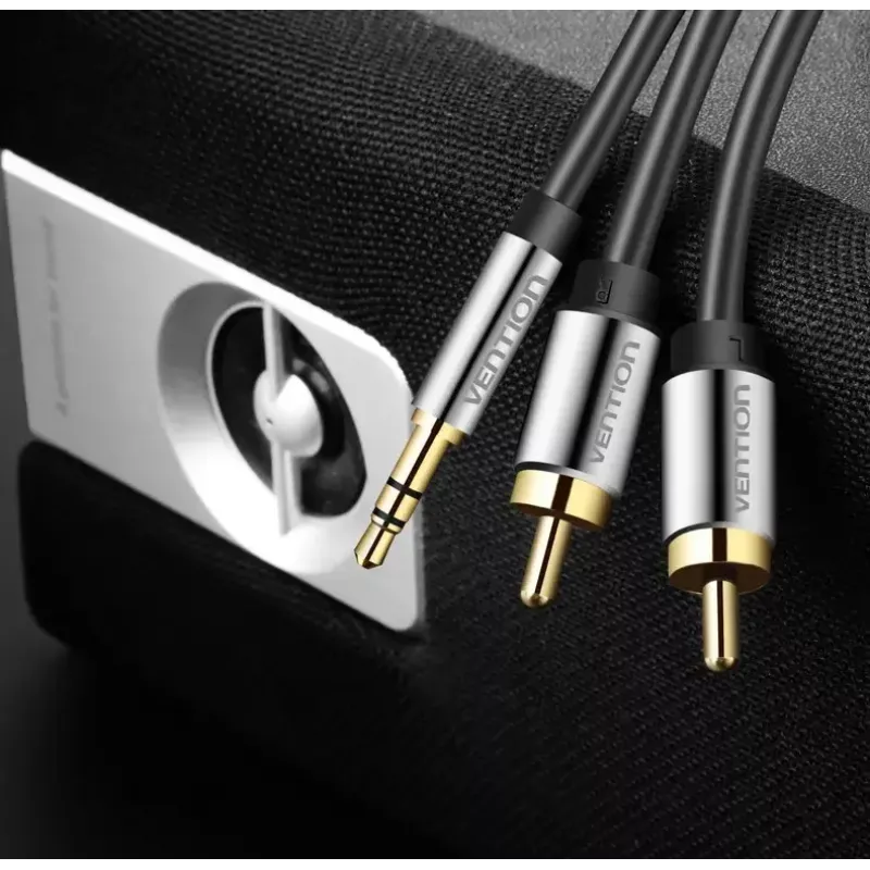 Kabel audio Vention BCFBJ 2 x RCA – mini-jack 3,5 mm, 5 m, czarny, pozłacane styki, oplot PVC