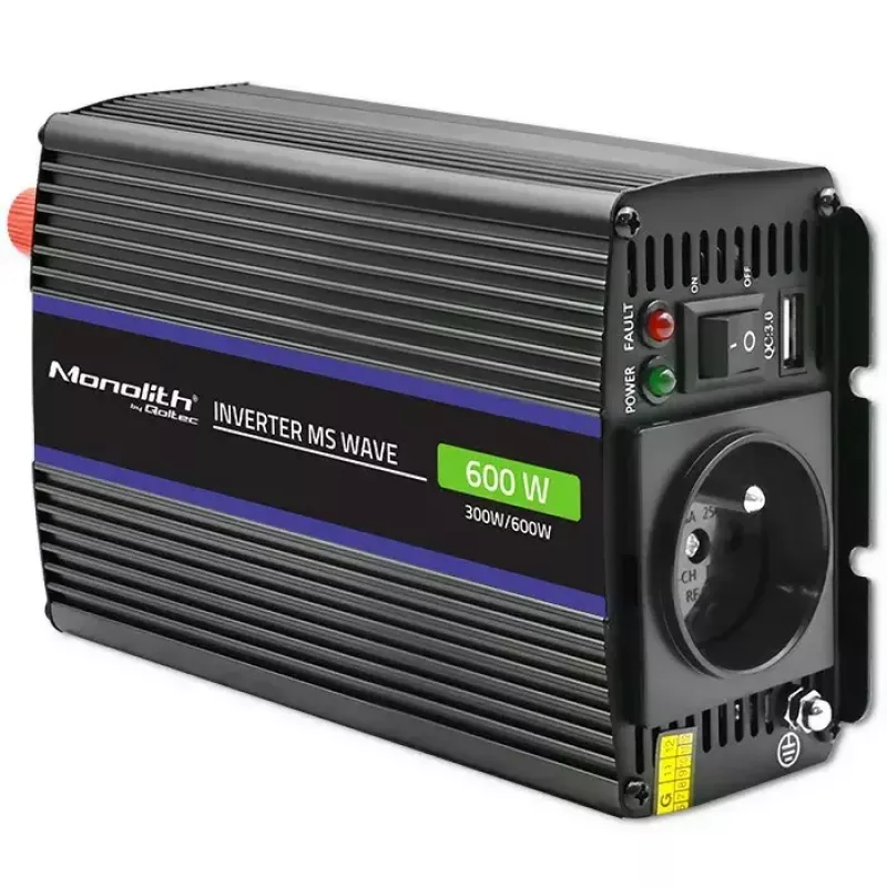 Przetwornica napięcia QOLTEC Monolith 600 MS Wave 12 V na 230 V 600 W, fala czysta/modyfikowana według specyfikacji