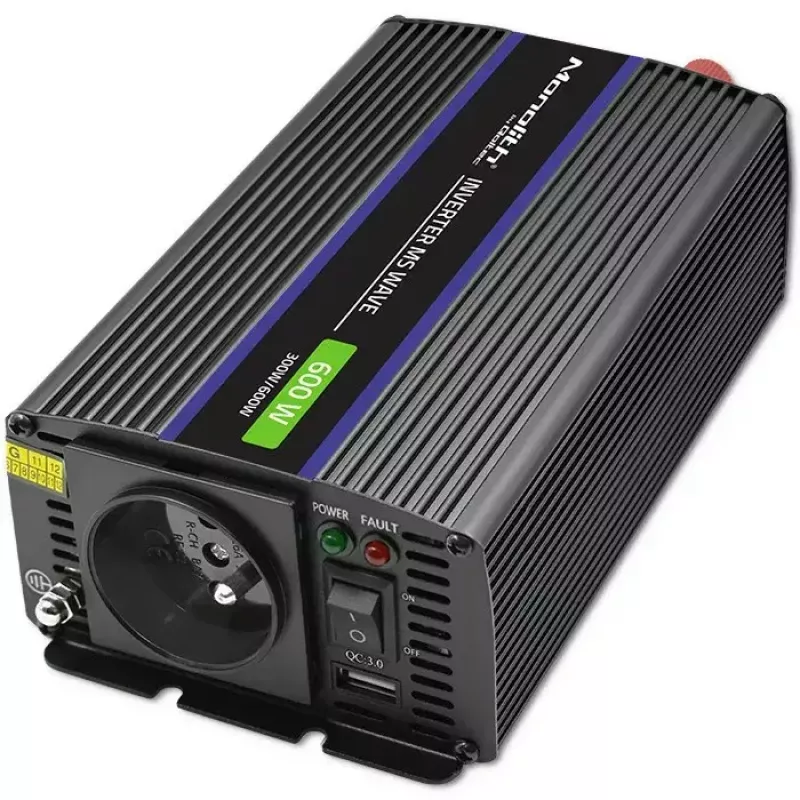 Przetwornica napięcia QOLTEC Monolith 600 MS Wave 12 V na 230 V 600 W, fala czysta/modyfikowana według specyfikacji