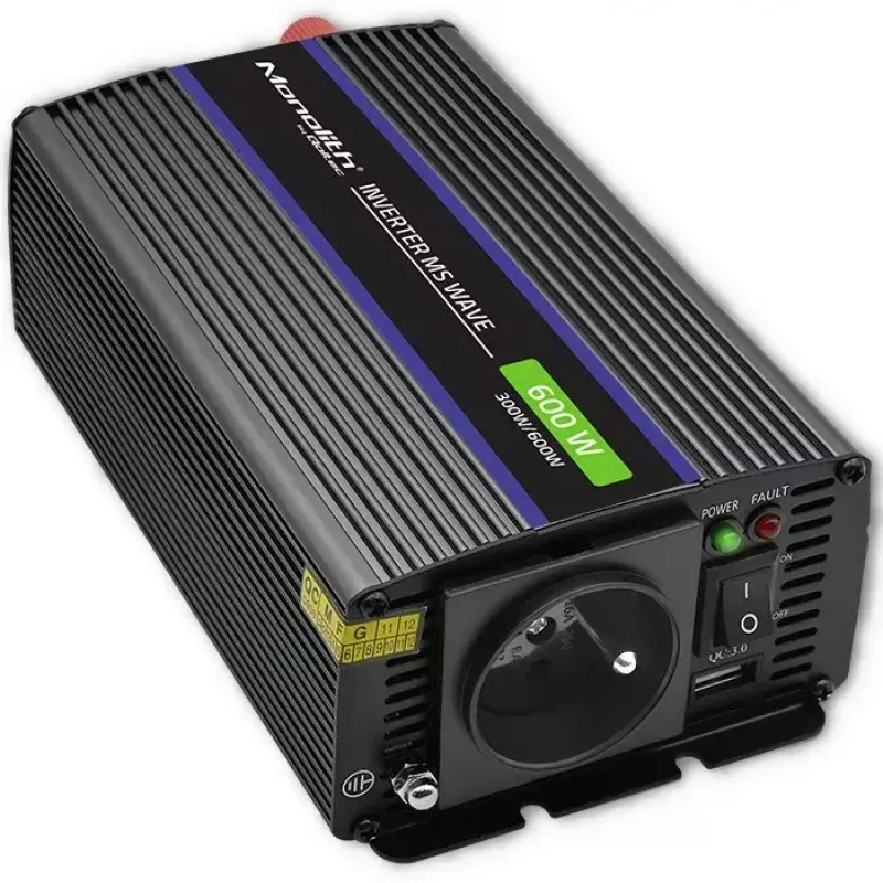 Przetwornica napięcia QOLTEC Monolith 600 MS Wave 12 V na 230 V 600 W, fala czysta/modyfikowana według specyfikacji