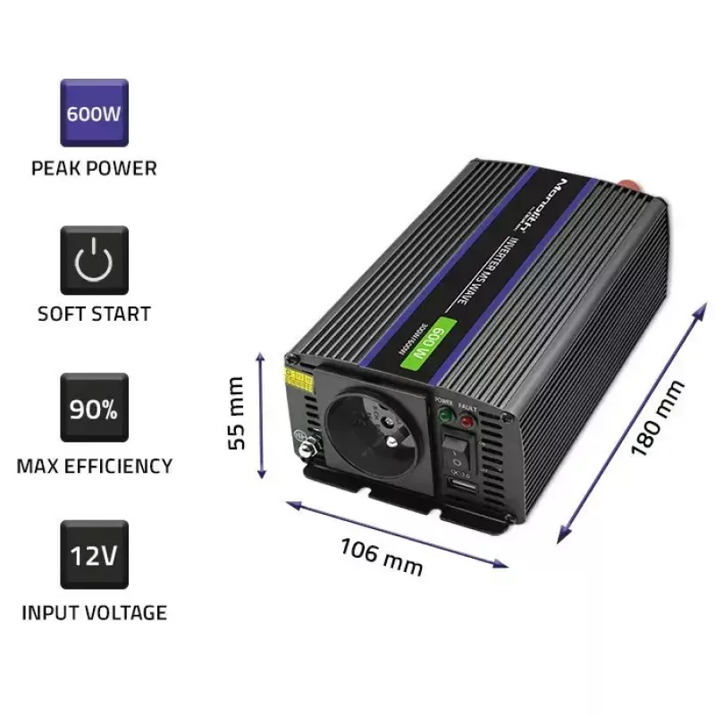 Przetwornica napięcia QOLTEC Monolith 600 MS Wave 12 V na 230 V 600 W, fala czysta/modyfikowana według specyfikacji
