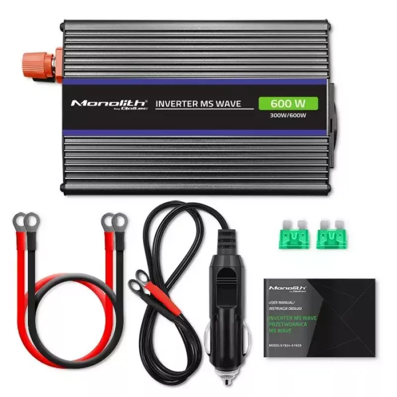 Przetwornica napięcia QOLTEC Monolith 600 MS Wave 12 V na 230 V 600 W, fala czysta/modyfikowana według specyfikacji