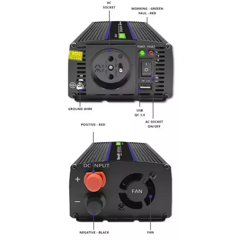 Przetwornica napięcia QOLTEC Monolith 600 MS Wave 12 V na 230 V 600 W, fala czysta/modyfikowana według specyfikacji